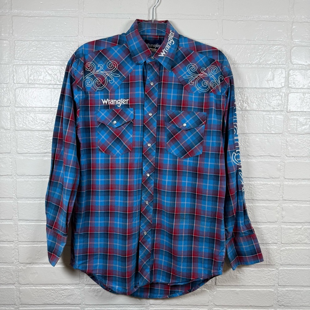 Wrangler Shirt Mens Small Blue Plaid 100% Cotton Embroidered Pearl Snap Western